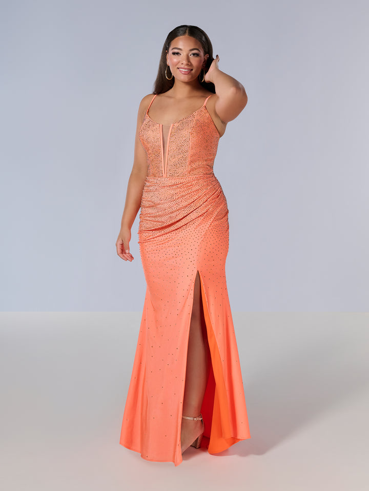 Curvy Fitted V-Neck Slit Gown by Tiffany Designs 16194