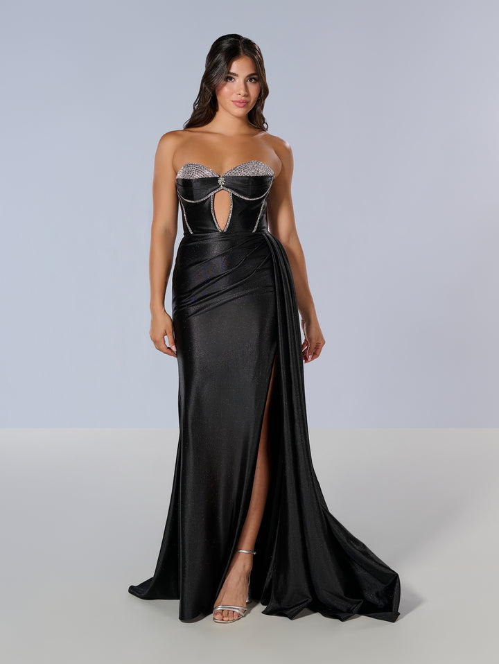 Beaded Fitted Strapless Slit Gown by Tiffany Designs 16197