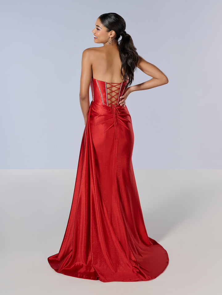 Beaded Fitted Strapless Slit Gown by Tiffany Designs 16197