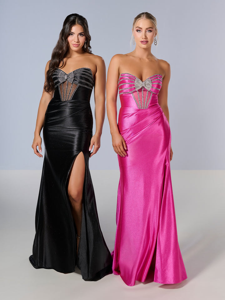 Beaded Fitted Strapless Slit Gown by Tiffany Designs 16199