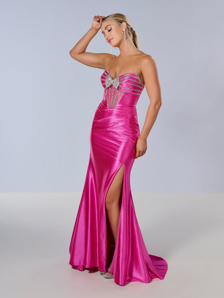 Beaded Fitted Strapless Slit Gown by Tiffany Designs 16199