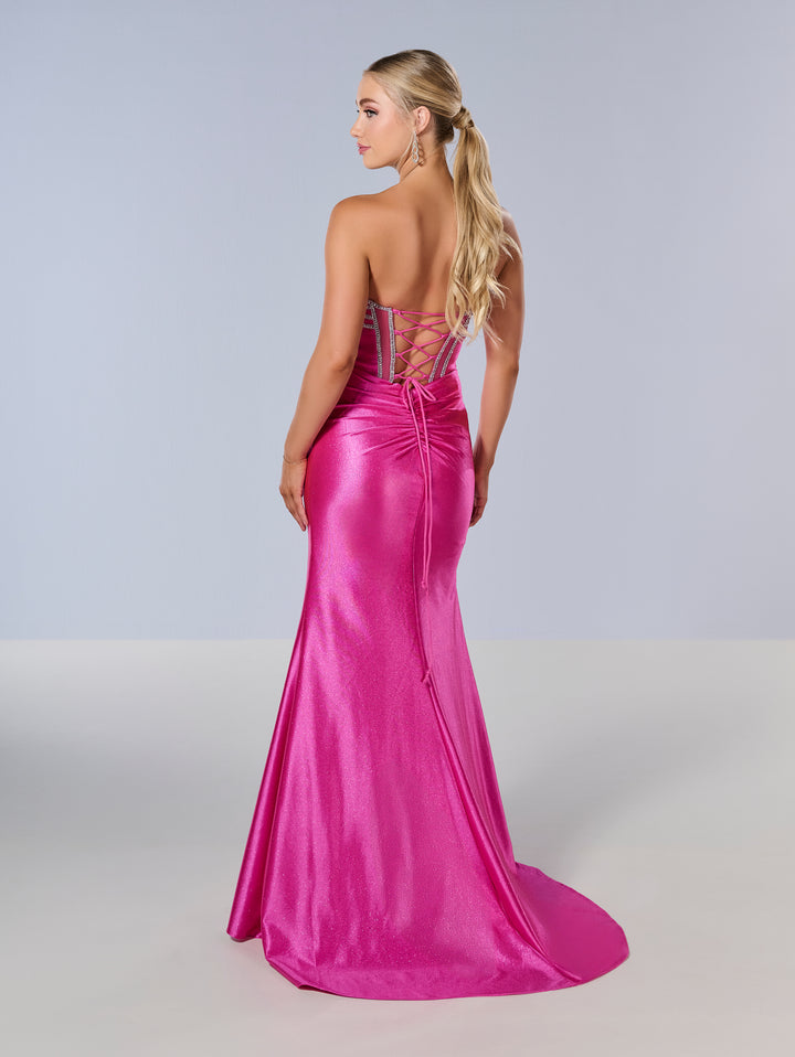 Beaded Fitted Strapless Slit Gown by Tiffany Designs 16199
