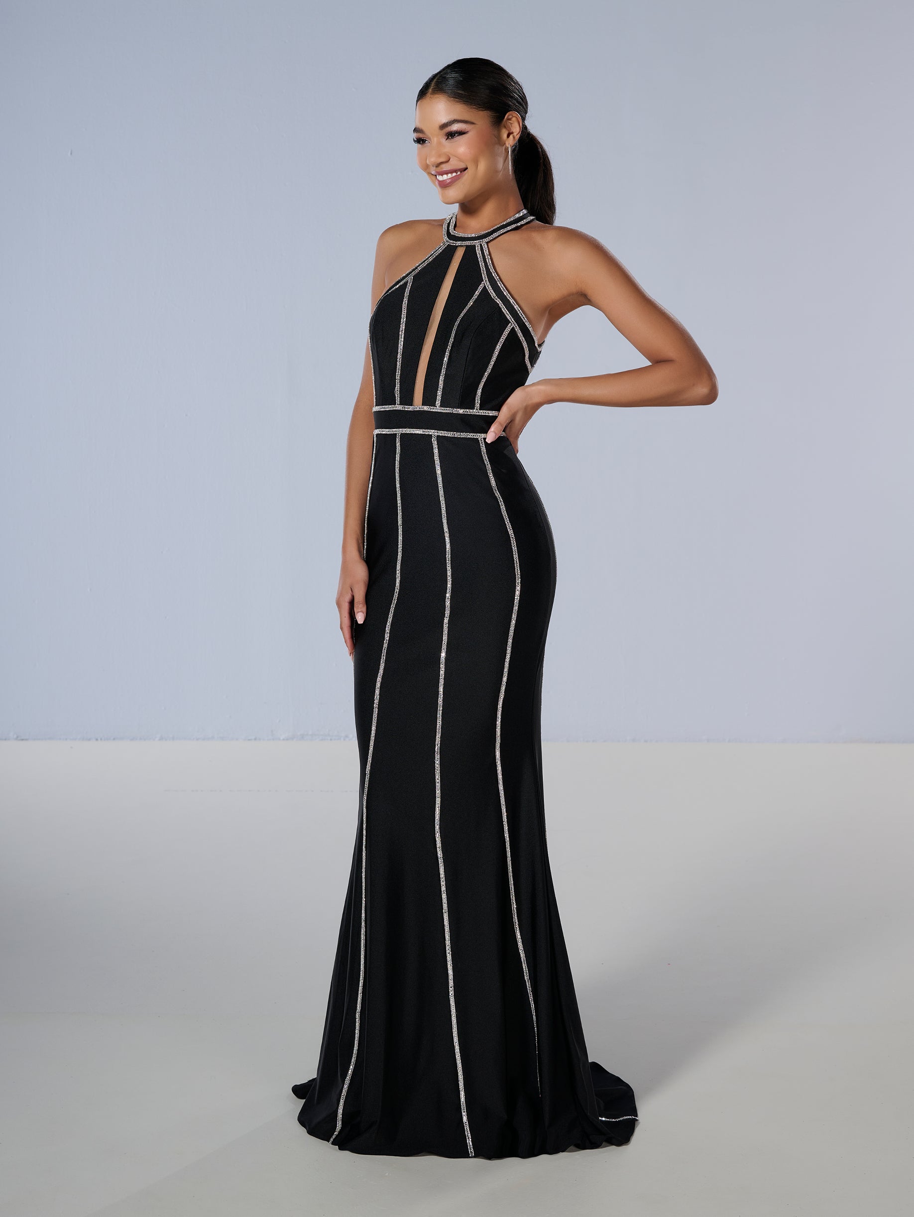Tiffany Designs Beaded Jersey Halter Gown