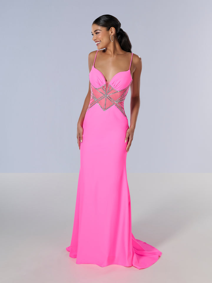 Jersey Fitted Sheer Bodice Gown by Tiffany Designs 16201