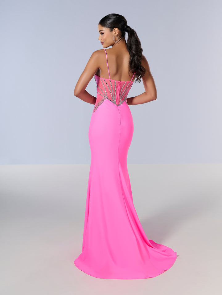 Jersey Fitted Sheer Bodice Gown by Tiffany Designs 16201
