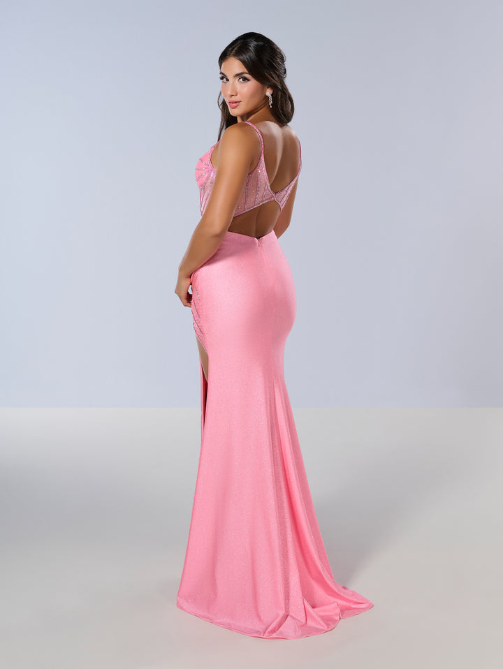 Beaded Sheer Corset Slit Gown by Tiffany Designs 16203