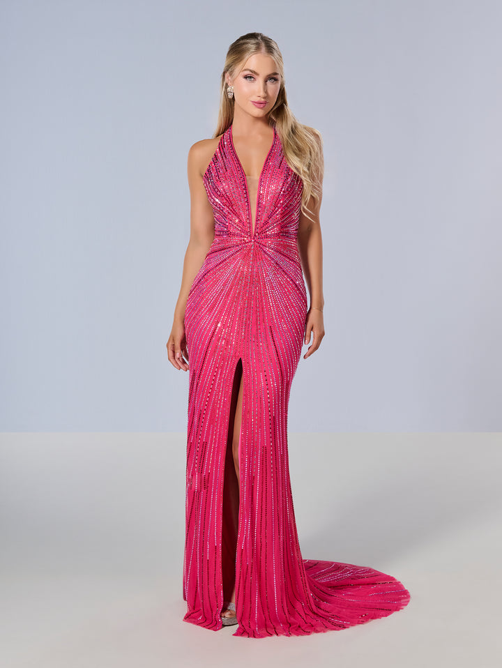 Beaded Fitted Halter Slit Gown by Tiffany Designs 16205
