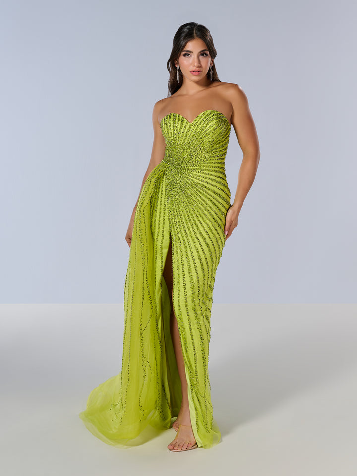 Beaded Fitted Strapless Slit Gown by Tiffany Designs 16214