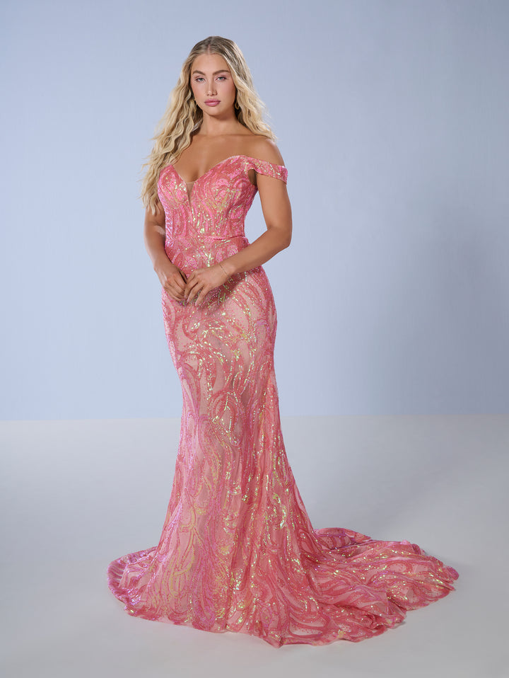Sequin Off Shoulder Mermaid Dress by Tiffany Designs 16224