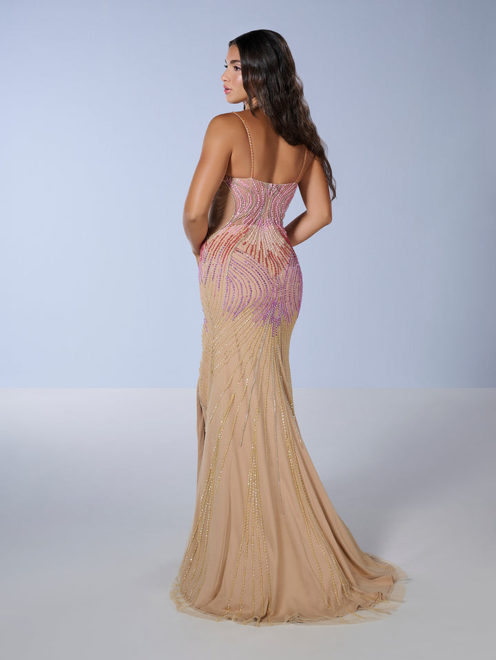 Multicolor Beaded Fitted V-Neck Gown by Tiffany Designs 16225