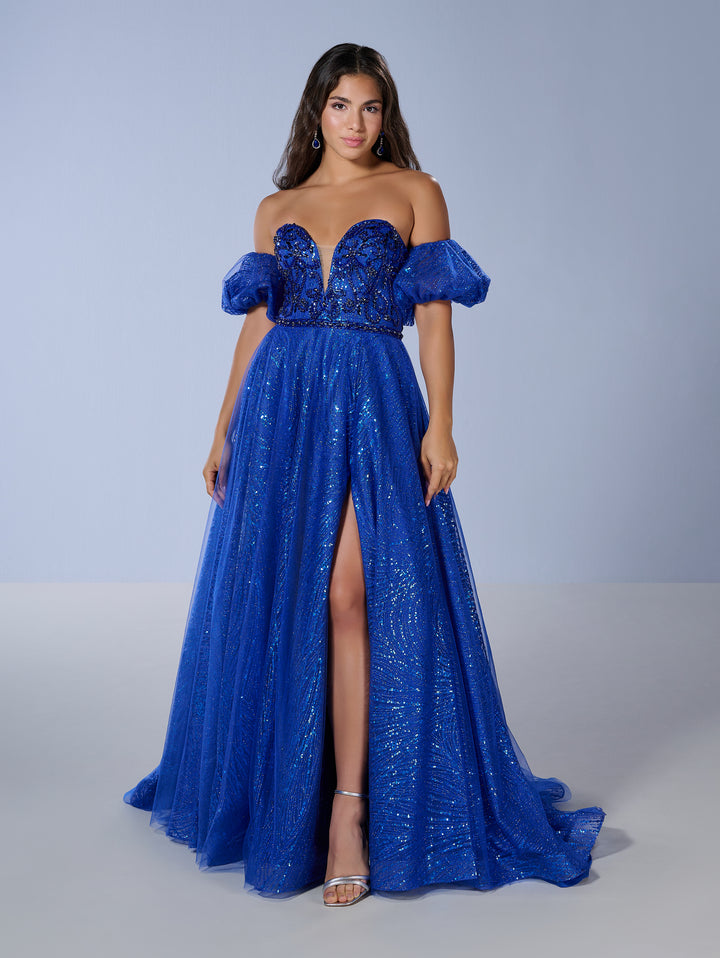 Sequin Strapless A-line Slit Gown by Tiffany Designs 16226