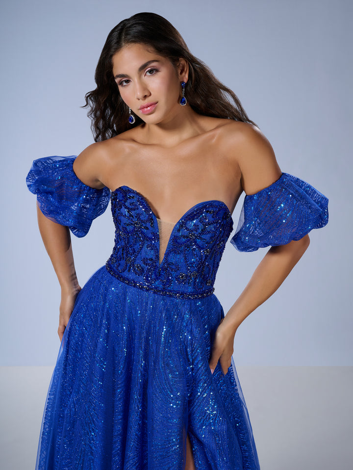Sequin Strapless A-line Slit Gown by Tiffany Designs 16226