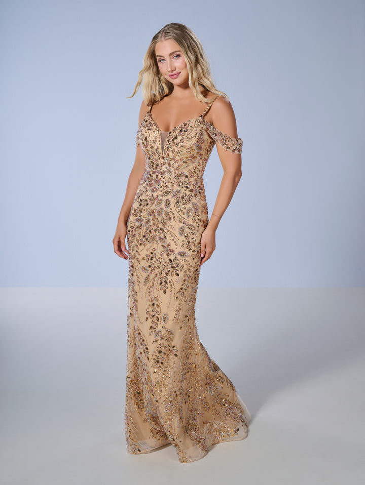 Beaded Fitted V-Neck Gown by Tiffany Designs 16230