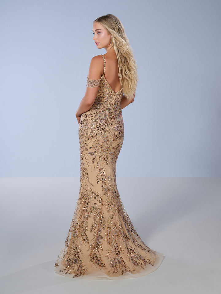 Beaded Fitted V-Neck Gown by Tiffany Designs 16230