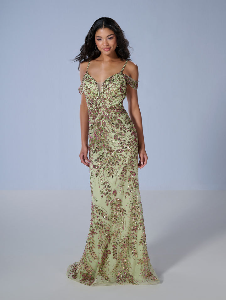 Beaded Fitted V-Neck Gown by Tiffany Designs 16230