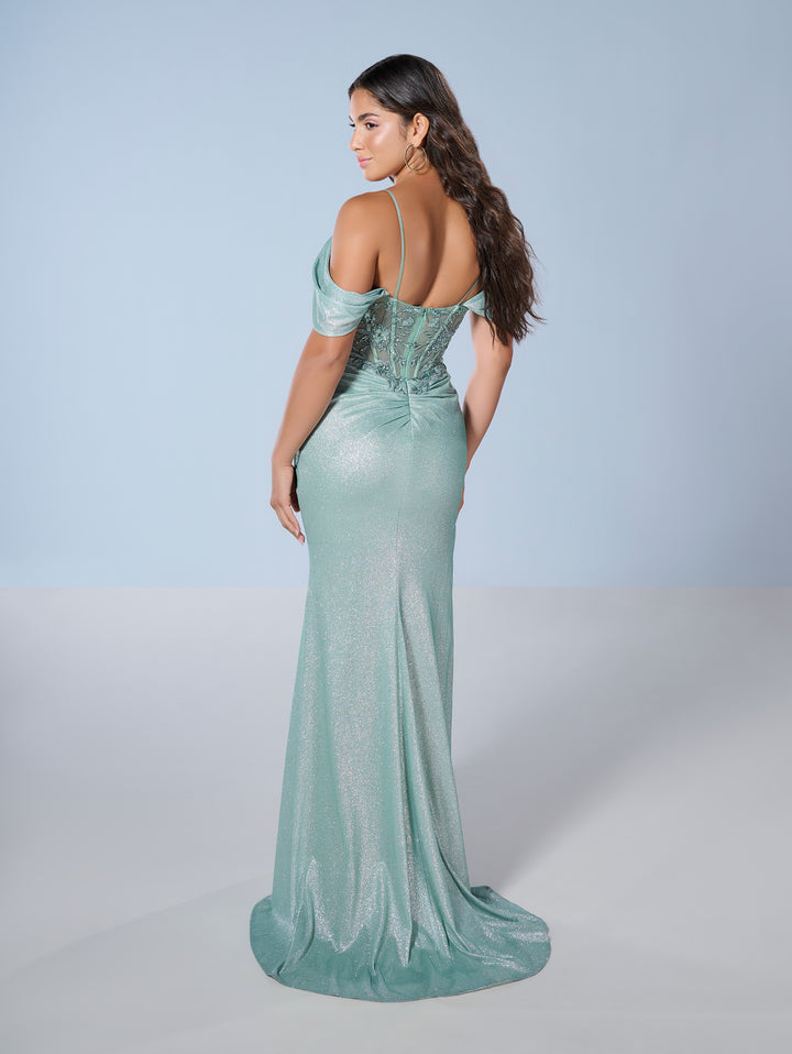 Fitted Cold Shoulder Slit Gown by Tiffany Designs 16250