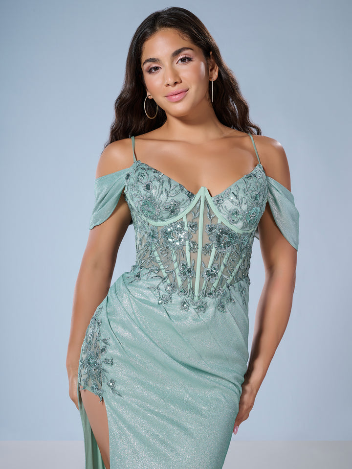 Fitted Cold Shoulder Slit Gown by Tiffany Designs 16250