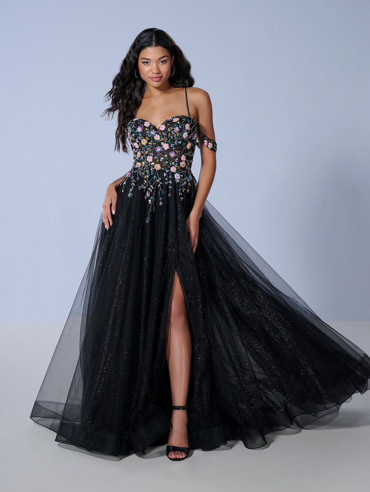Cold Shoulder A-line Slit Gown by Tiffany Designs 16251