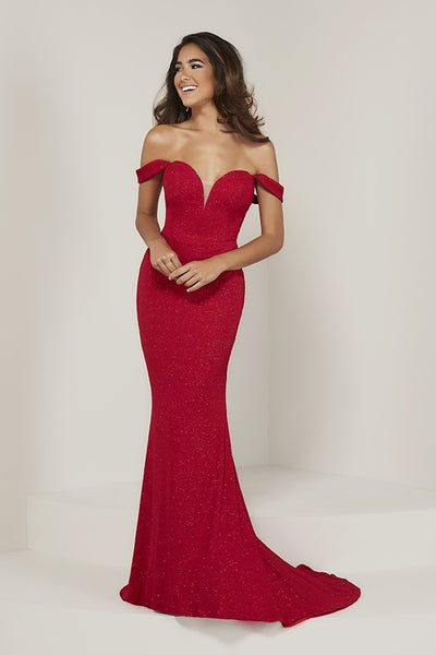 Fitted Glitter Jersey Off Shoulder Gown by Tiffany Designs 16353