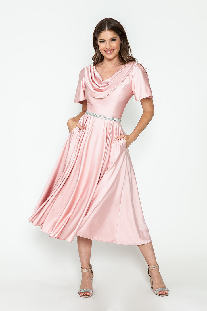 Short Sleeve Cowl Tea Length Dress by Lenovia 5296