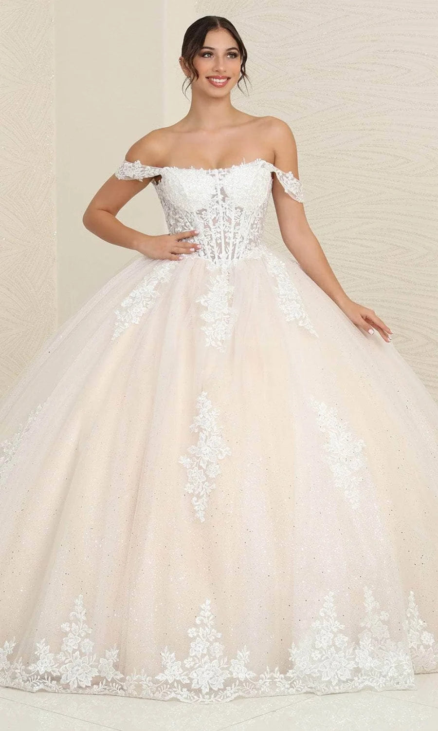 Applique Off Shoulder Ball Gown by May Queen LK253