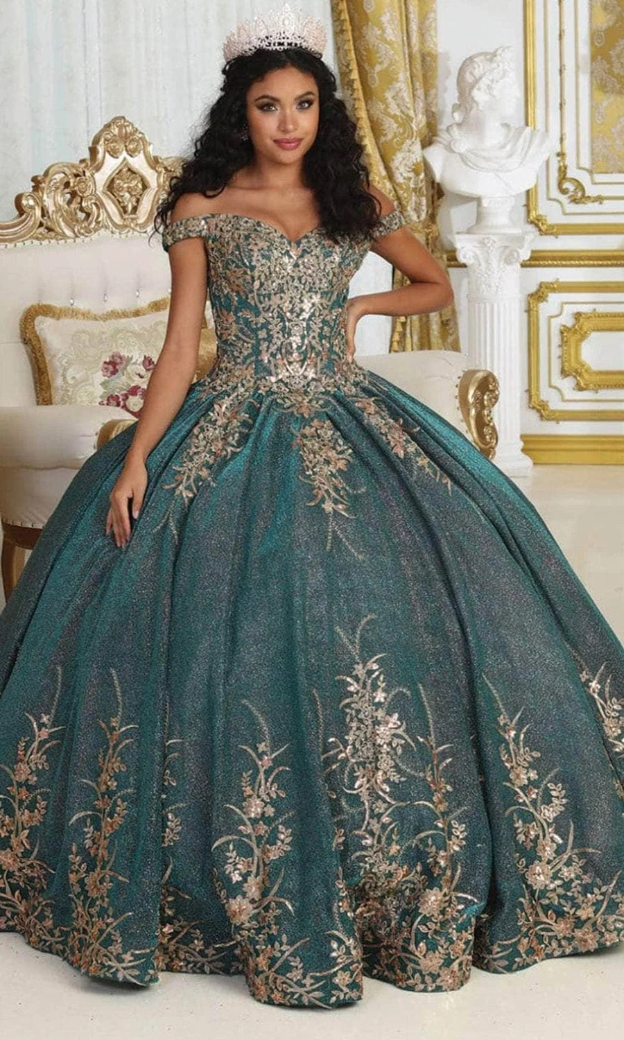 Metallic Off Shoulder Ball Gown by May Queen LK220