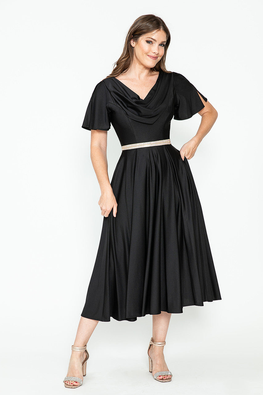 Short Sleeve Cowl Tea Length Dress by Lenovia 5296