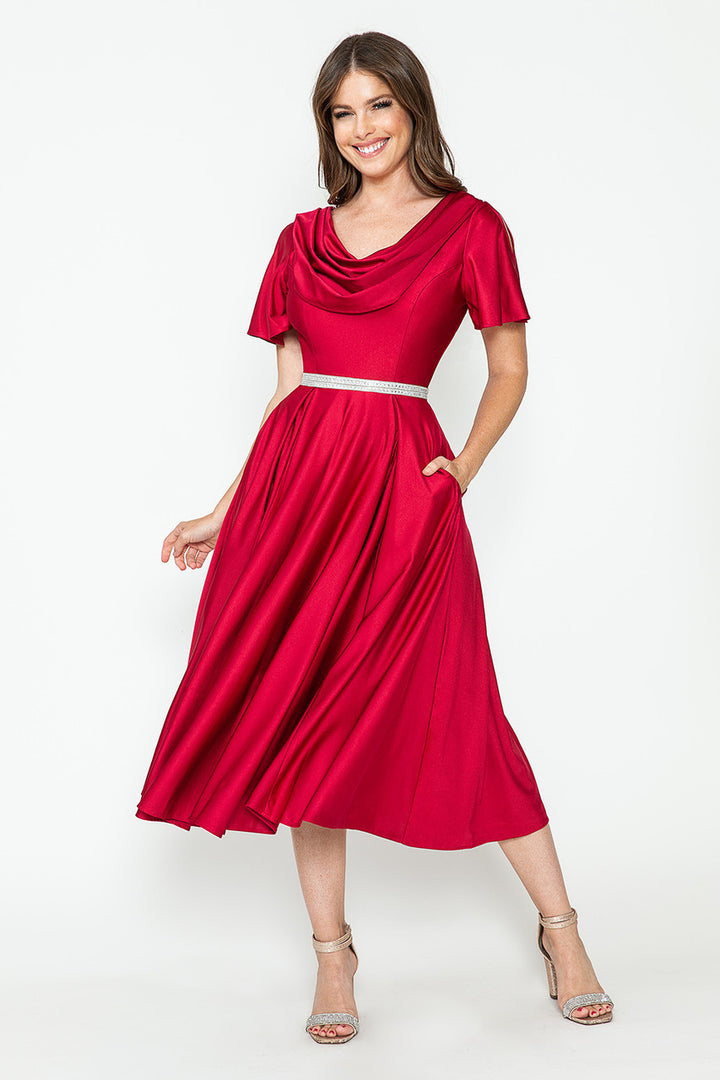 Short Sleeve Cowl Tea Length Dress by Lenovia 5296