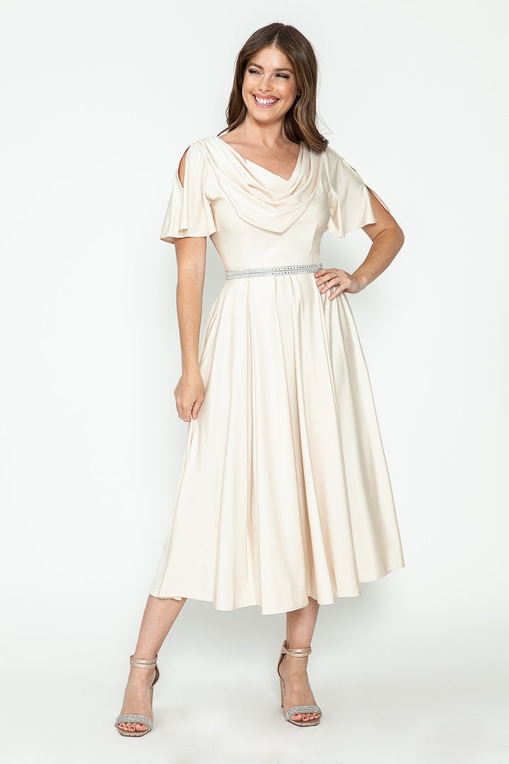 Short Sleeve Cowl Tea Length Dress by Lenovia 5296
