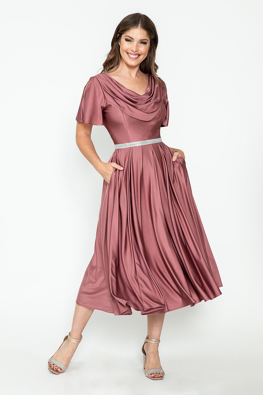 Short Sleeve Cowl Tea Length Dress by Lenovia 5296