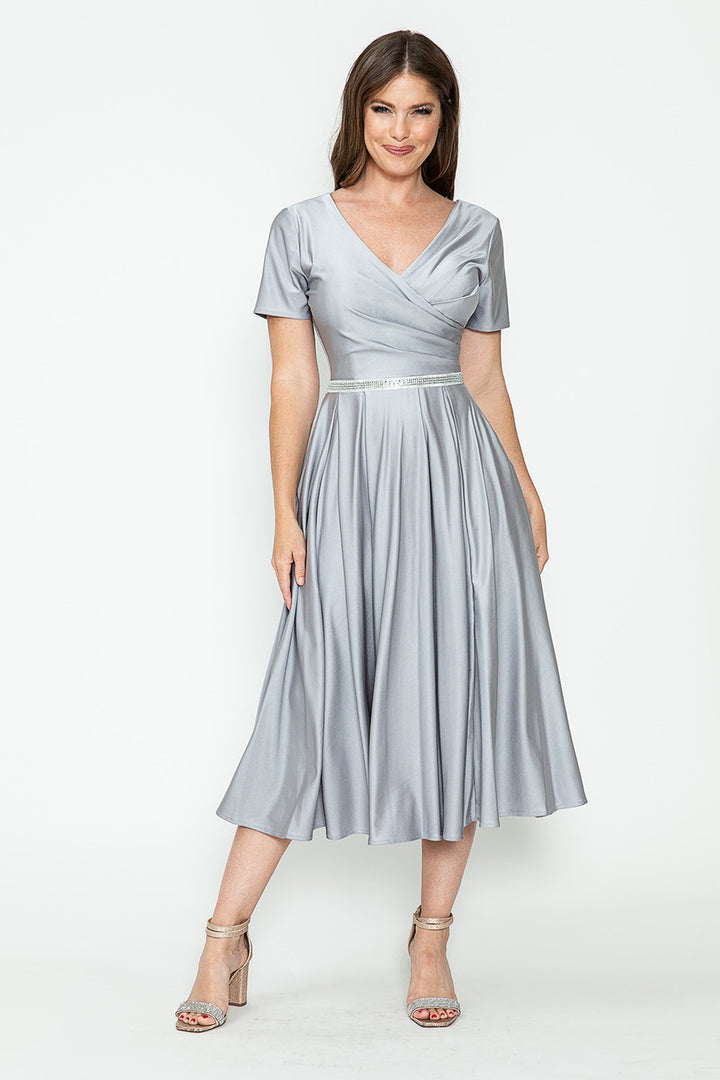 Satin Short Sleeve Tea Length Dress by Lenovia 5274