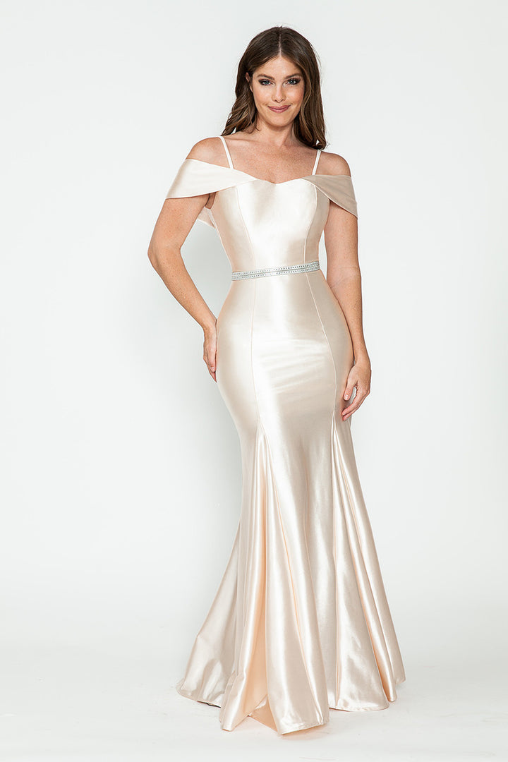 Satin Fitted Cold Shoulder Gown by Lenovia 5244