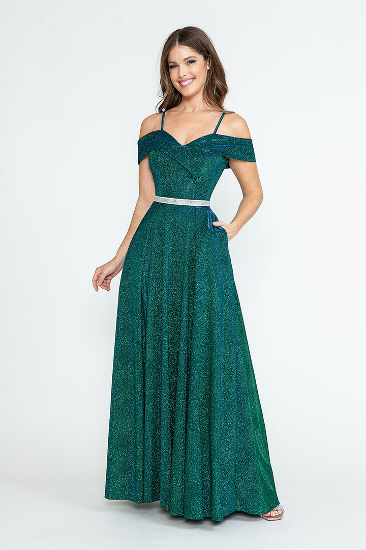 Metallic Cold Shoulder A-line Gown by Lenovia 5236