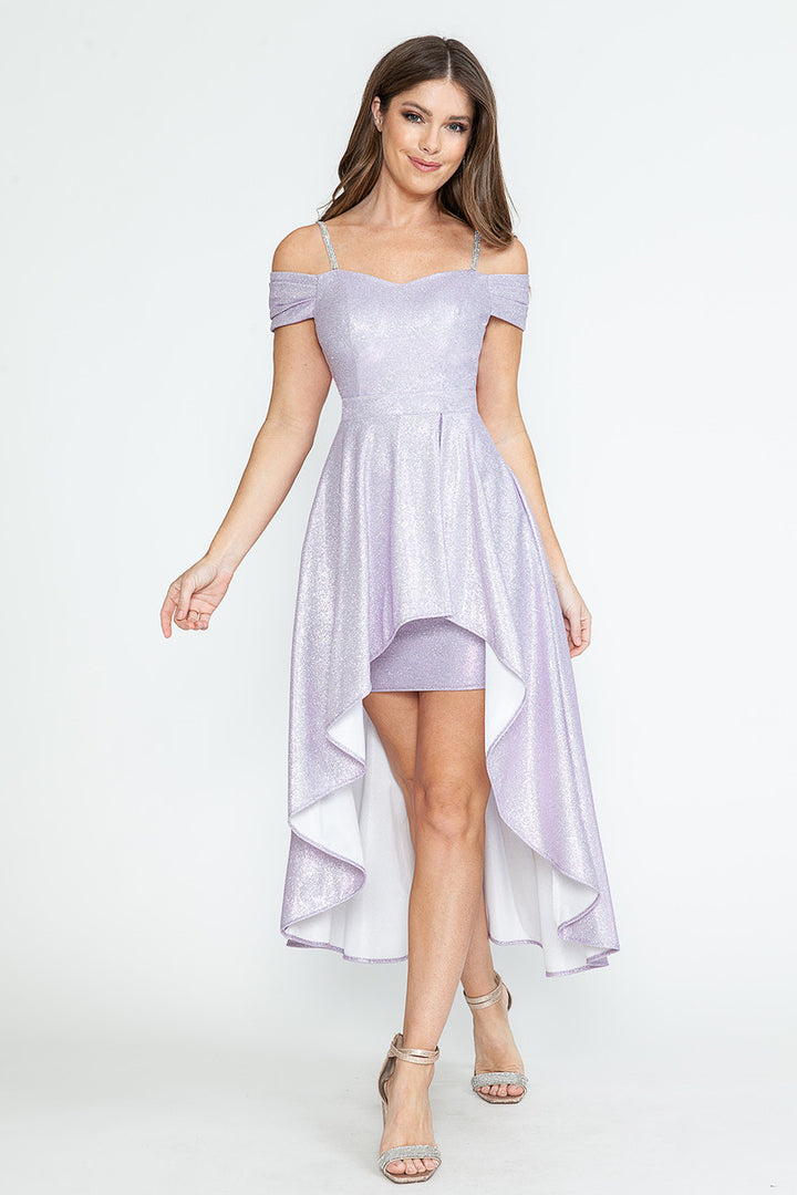 Metallic Cold Shoulder High Low Dress by Lenovia 5290