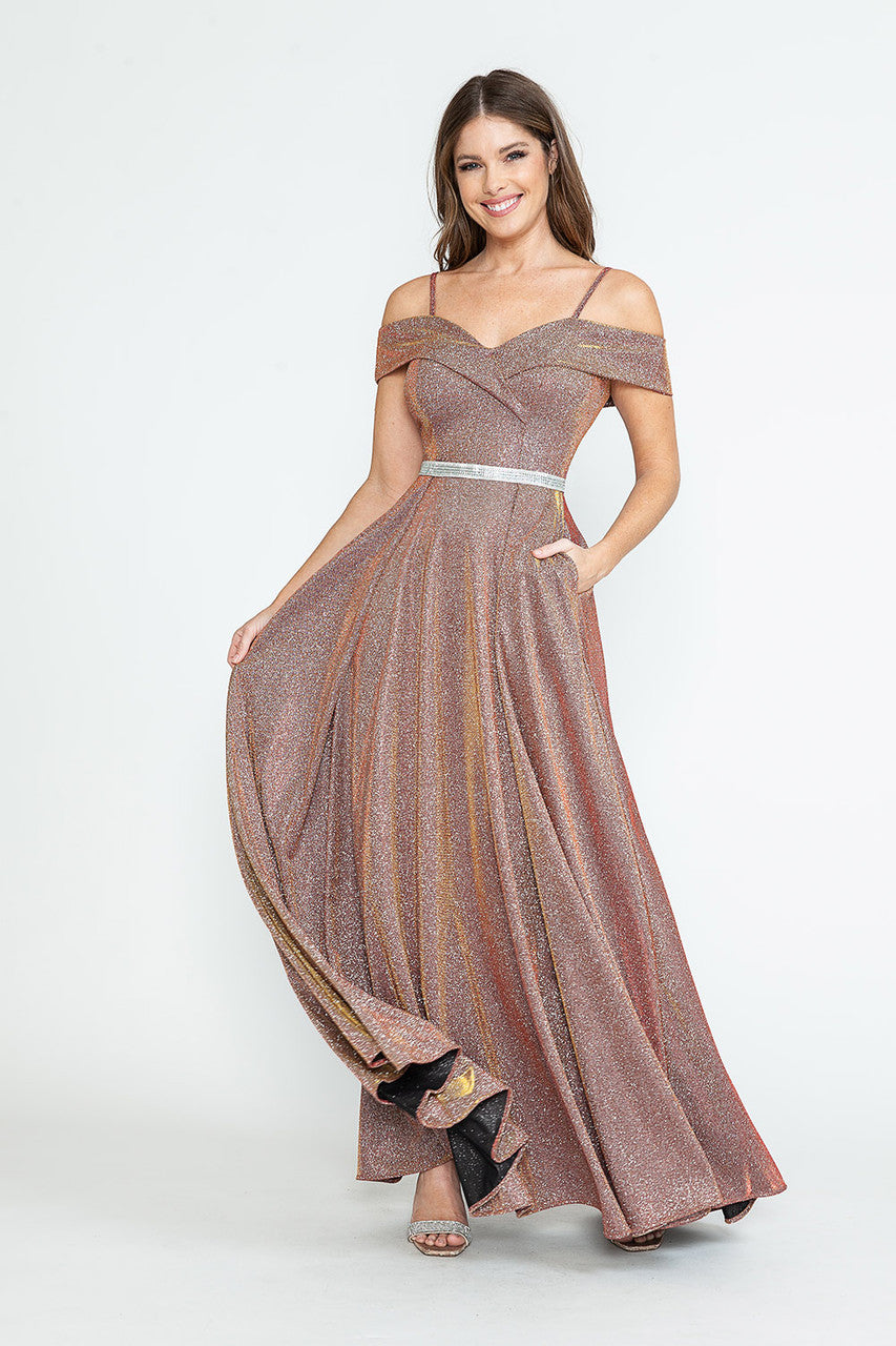 Metallic Cold Shoulder A-line Gown by Lenovia 5236