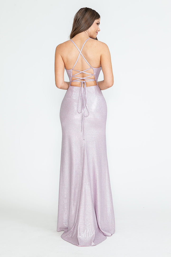 Metallic Strappy Back Slit Gown by Lenovia 5302