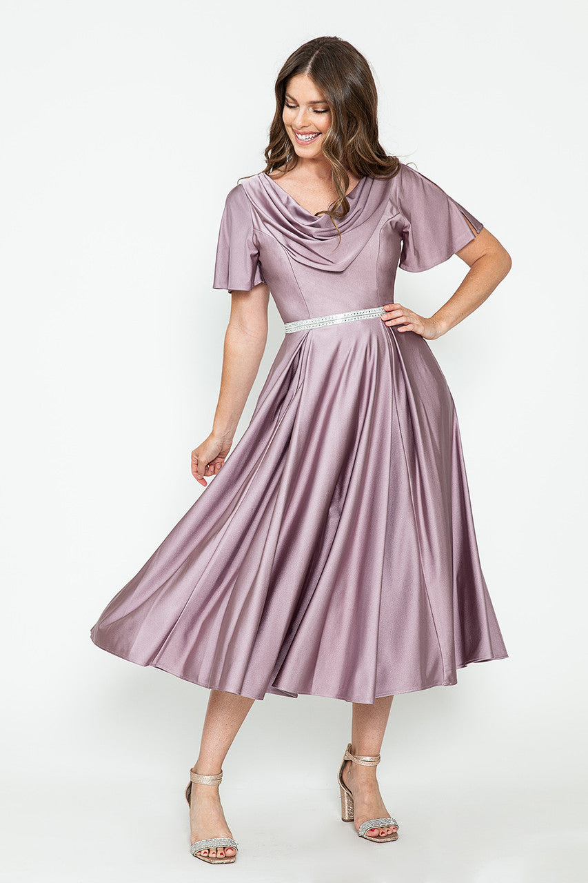 Short Sleeve Cowl Tea Length Dress by Lenovia 5296