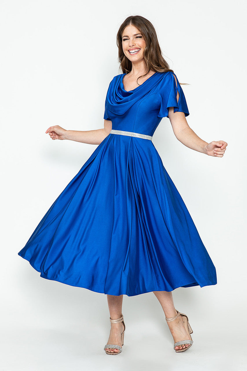Short Sleeve Cowl Tea Length Dress by Lenovia 5296