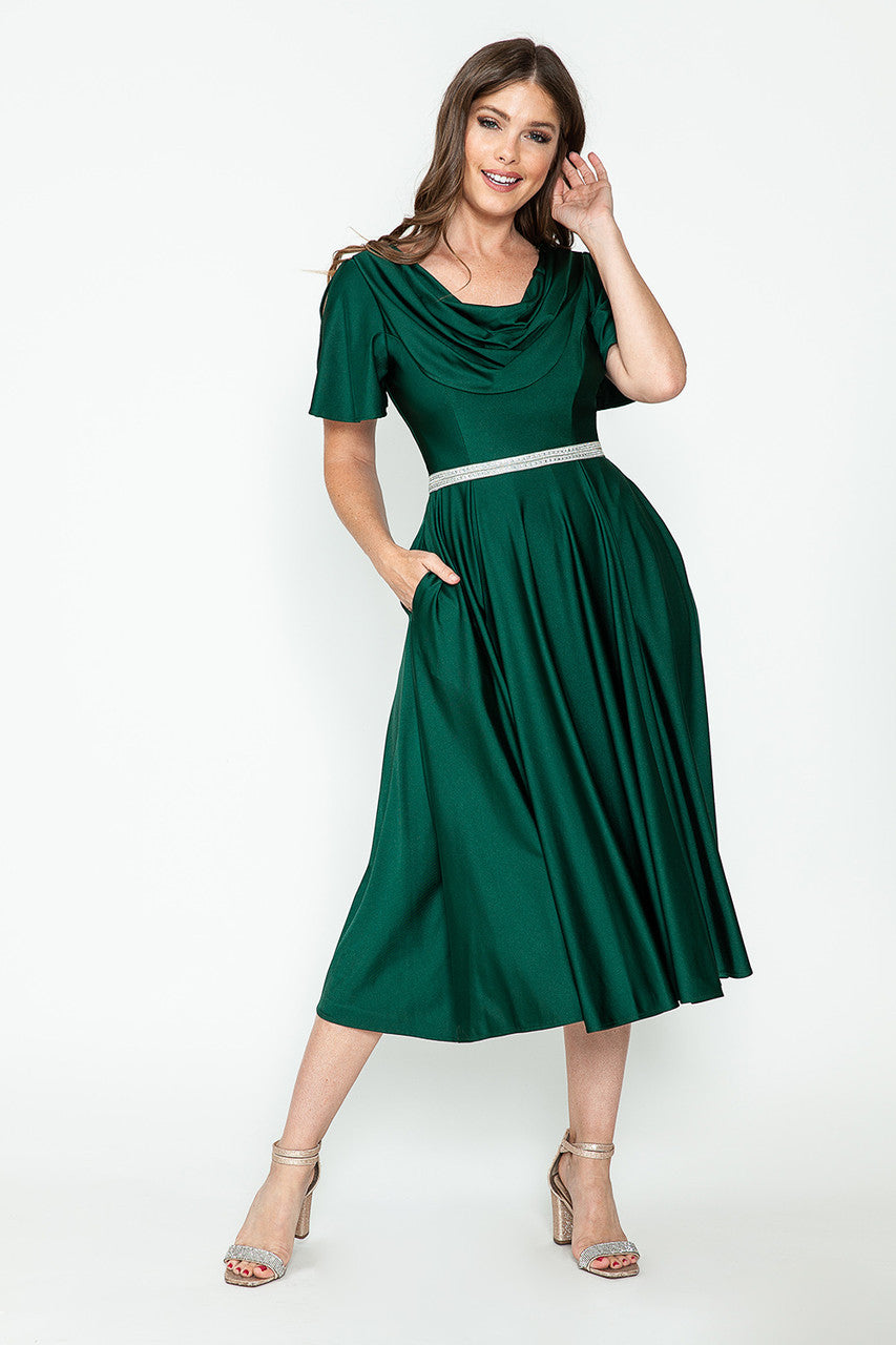 Short Sleeve Cowl Tea Length Dress by Lenovia 5296