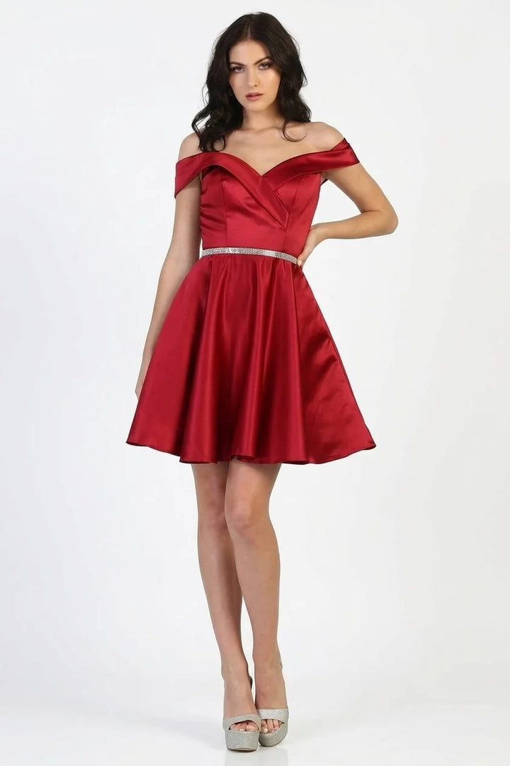 Satin Short Off Shoulder Dress by May Queen MQ1815