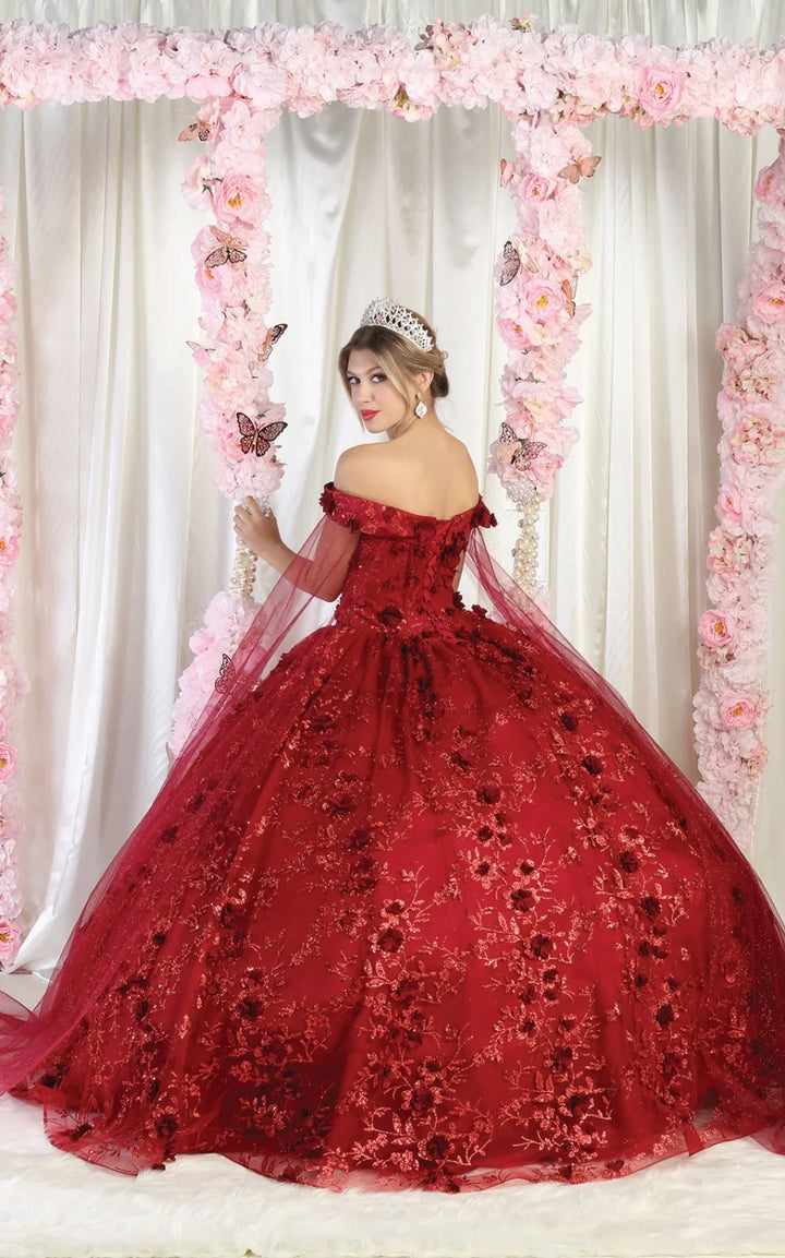 3D Floral Cape Sleeve Ball Gown by May Queen LK184