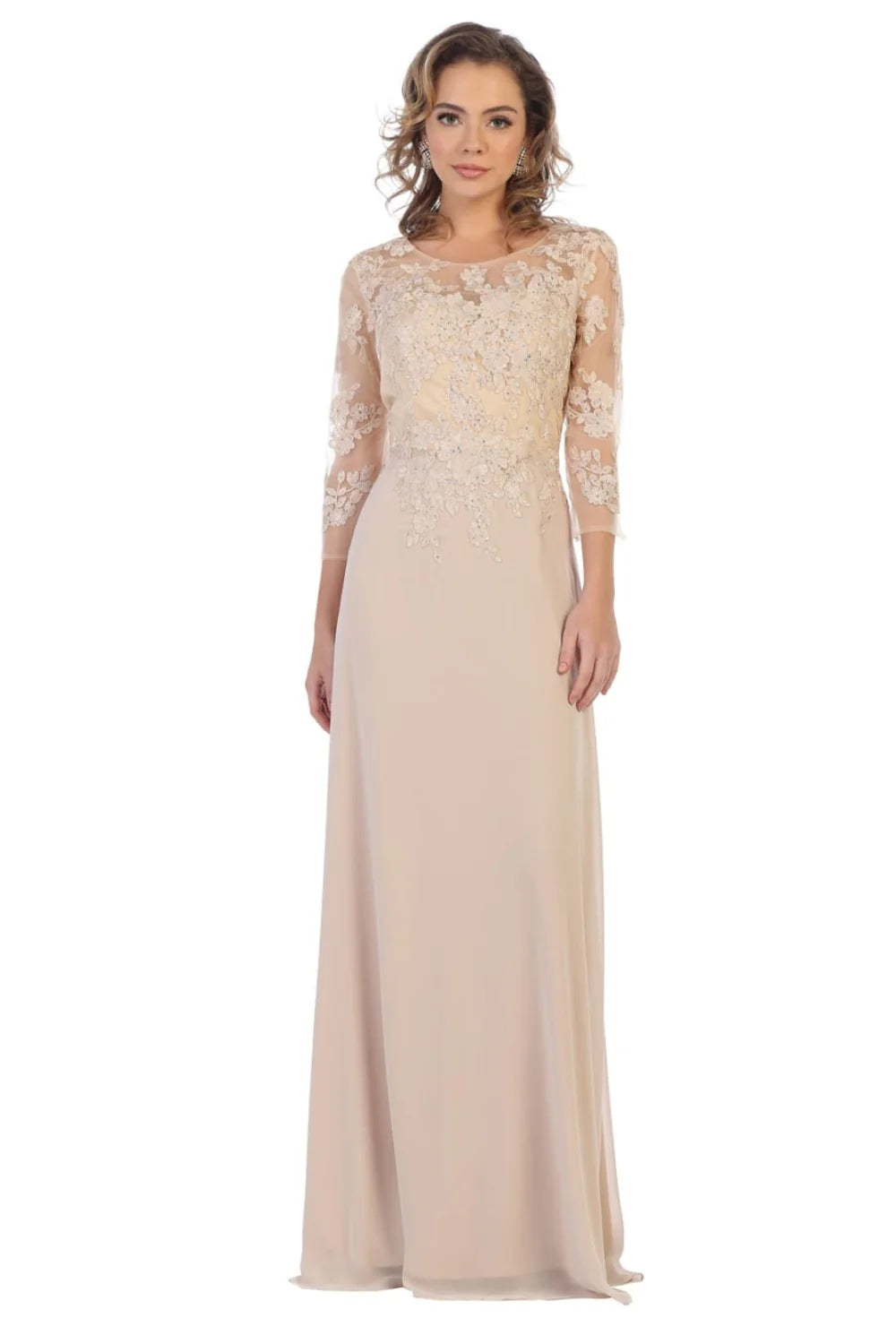 Applique 3/4 Sleeve A-line Gown by May Queen MQ1637