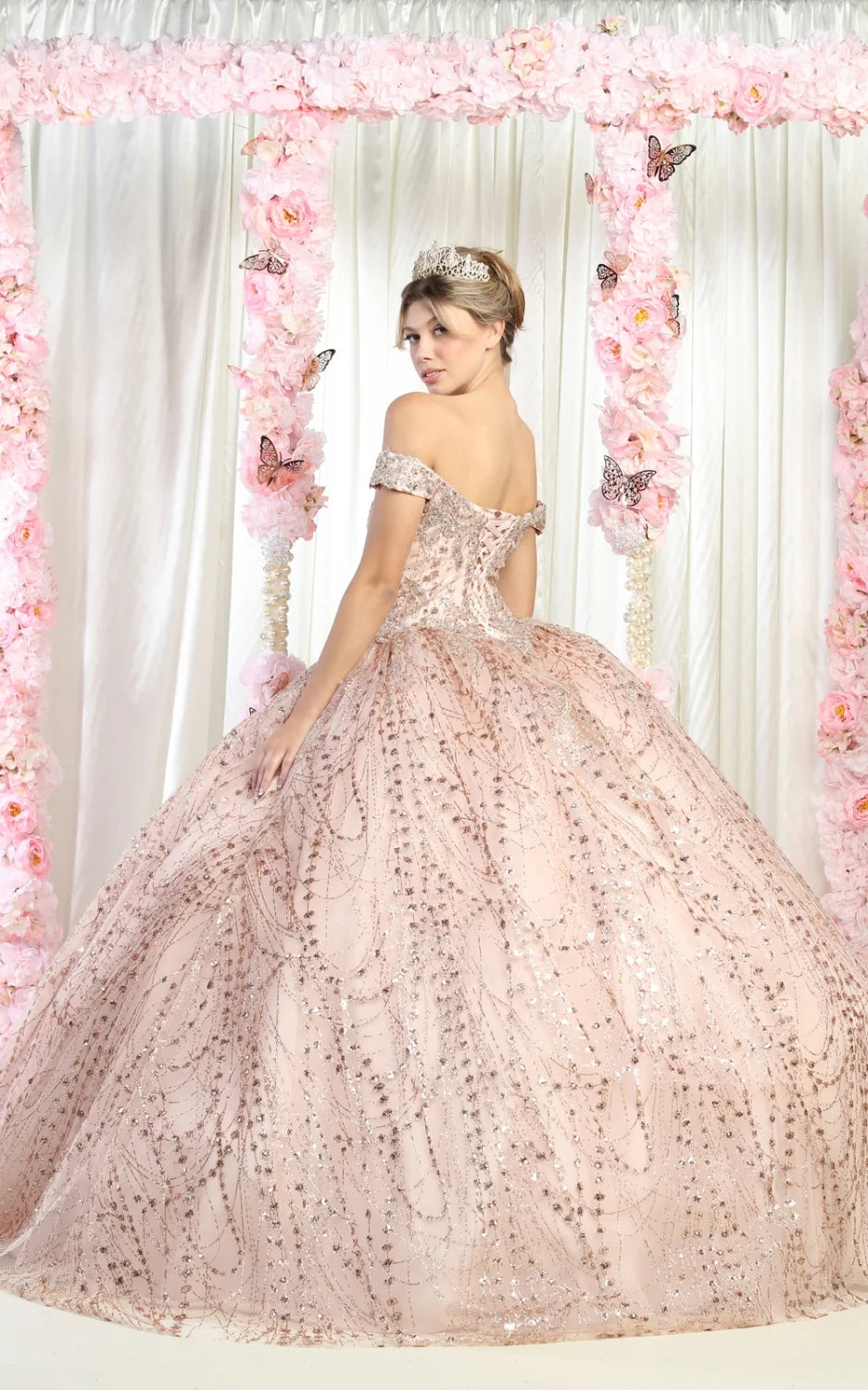 Glitter Off Shoulder Ball Gown by May Queen LK153