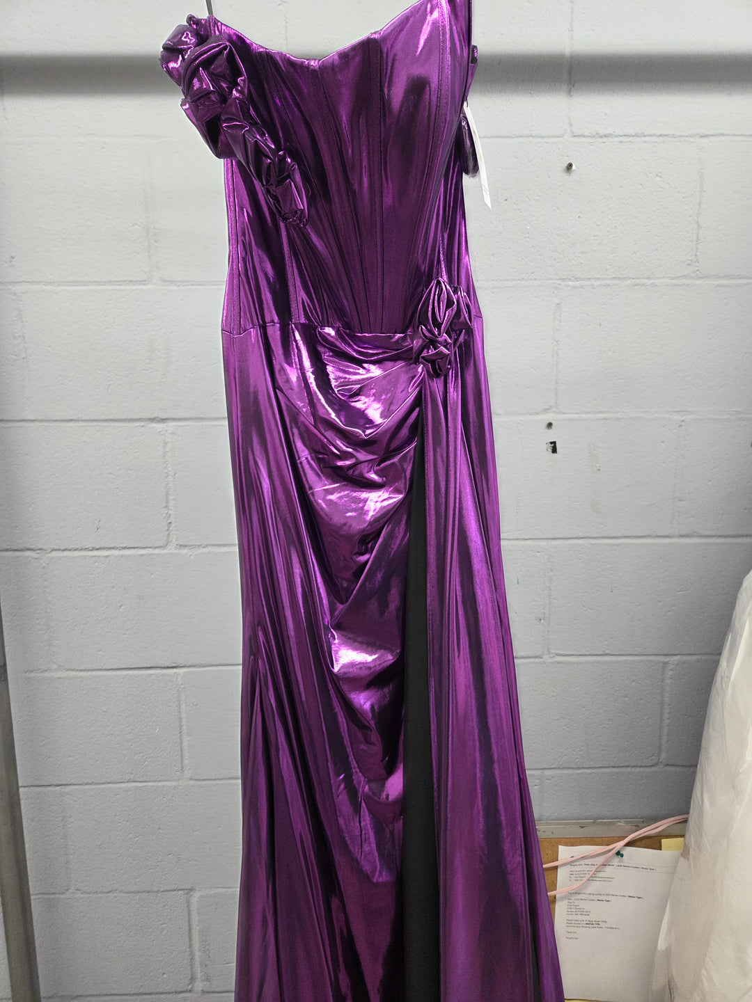 Metallic Fitted Strapless Slit Gown by Poly USA 9682