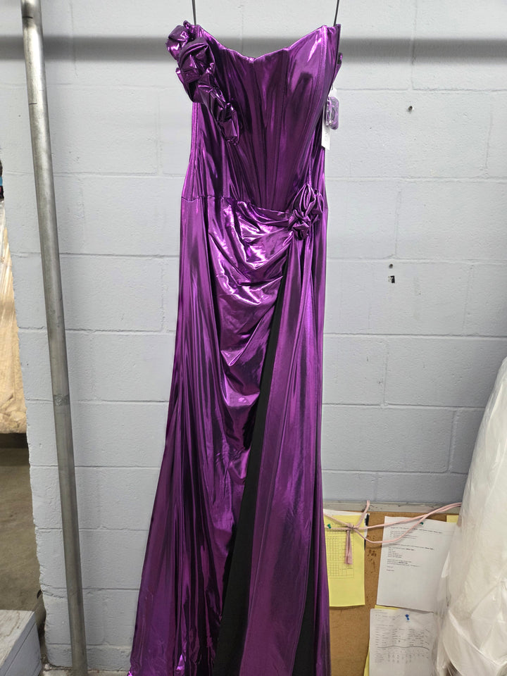 Metallic Fitted Strapless Slit Gown by Poly USA 9682