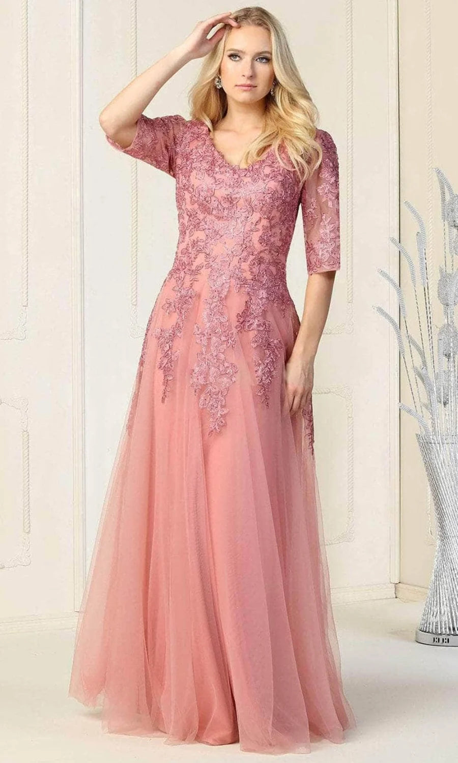 Applique Mid-Sleeve A-line Gown by May Queen MQ1859