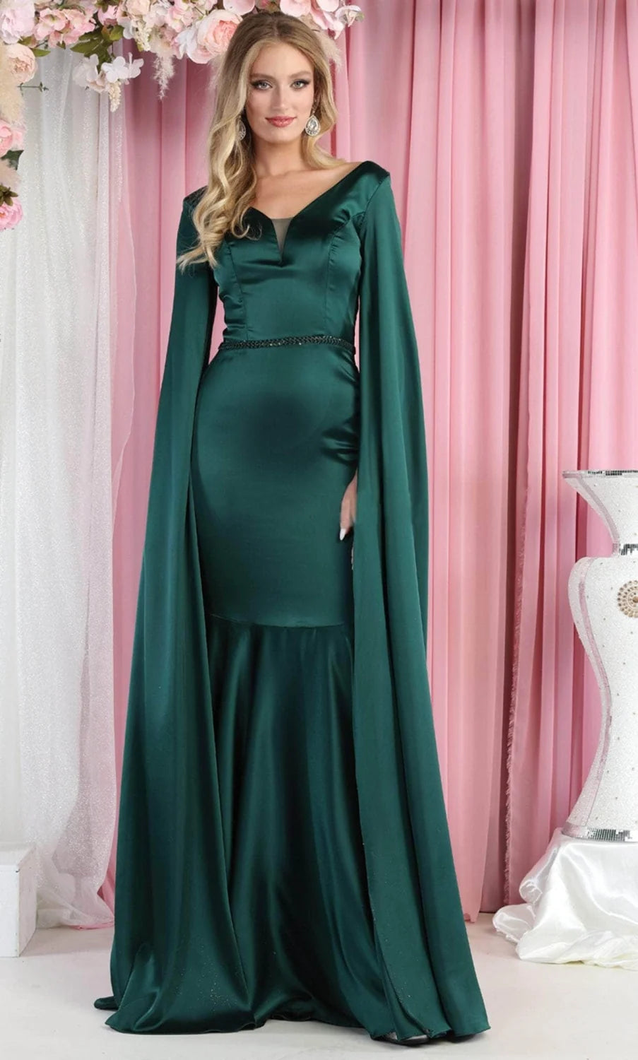 Satin Fitted Cape Sleeve Gown by May Queen RQ7961