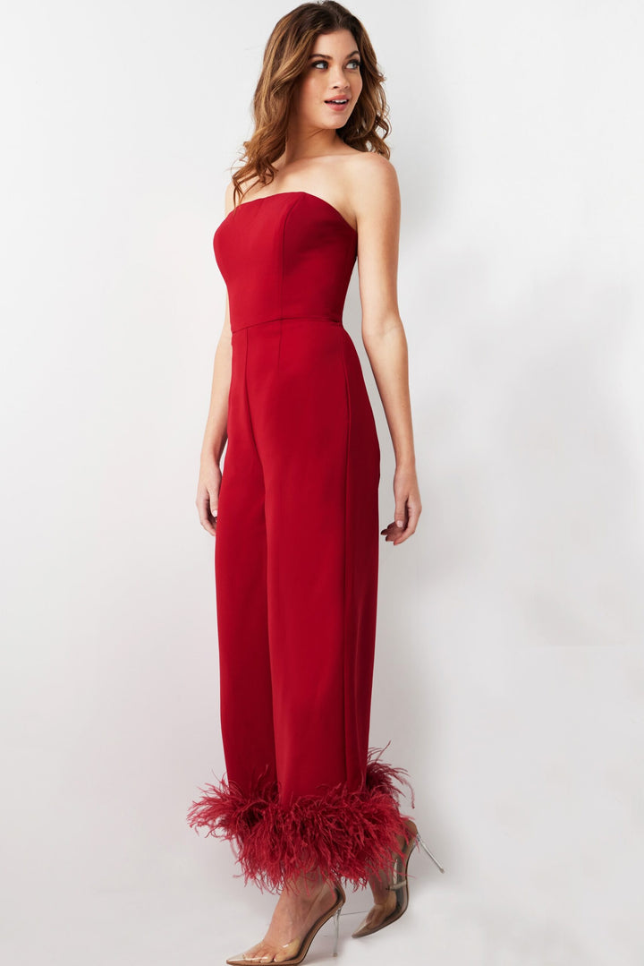 Feather Hem Strapless Jumpsuit by Jovani 22590