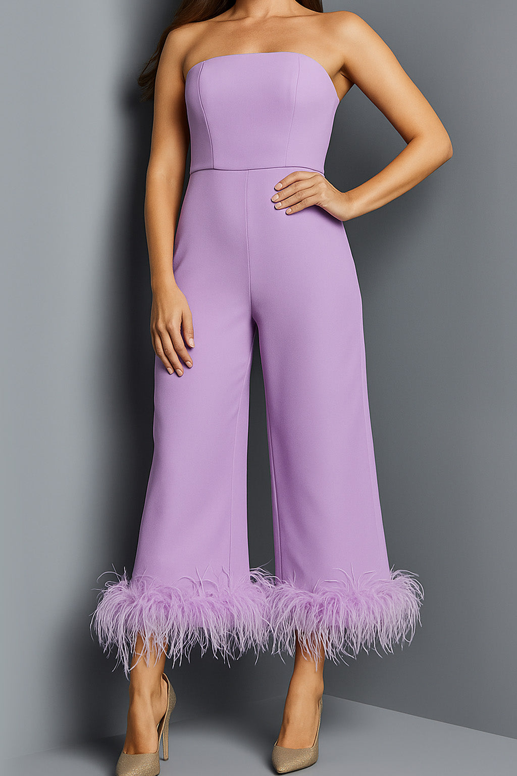Feather Hem Strapless Jumpsuit by Jovani 22590