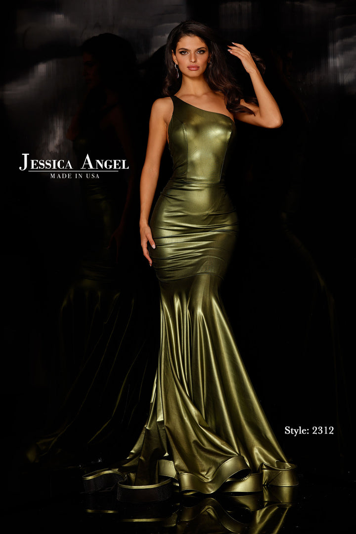 Metallic One Shoulder Slit Gown by Jessica Angel 2312